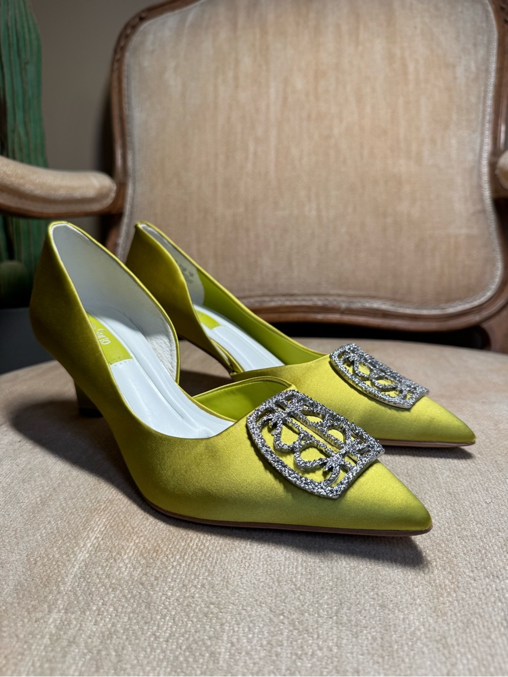 Franco Sarto Lime Satin Pointed Toe Pumps with Crystal Brooch